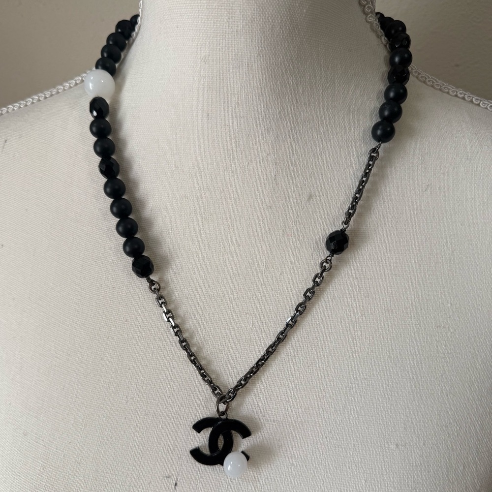 CHANEL Black Resin & Glass Beaded CC Pendant Necklace